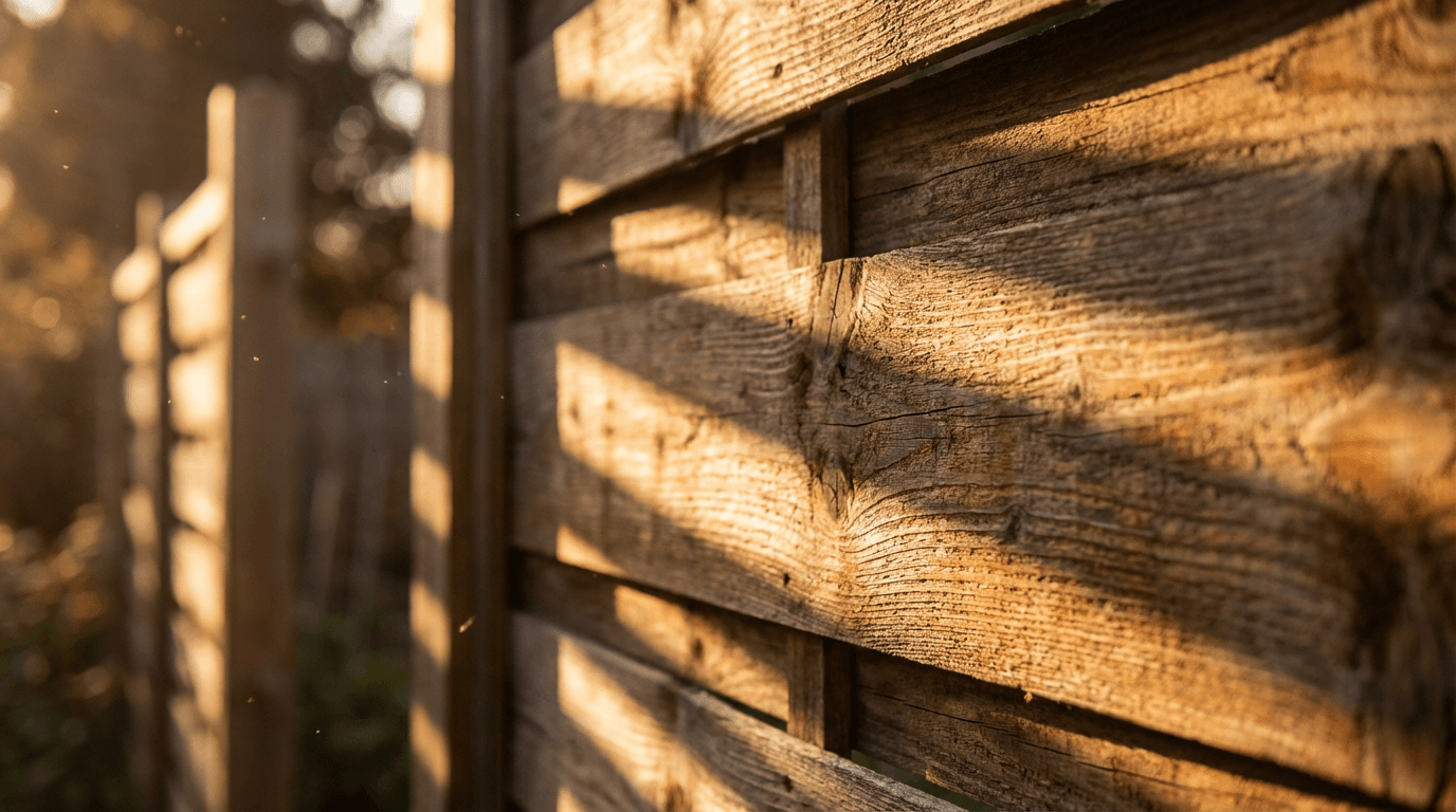Close-up of newly installed 4-board ranch fence with detailed wood texture