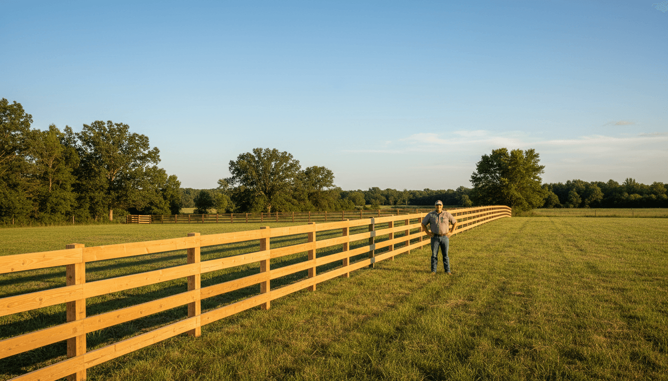 Completed 4-board ranch fence installation spanning across Tennessee property