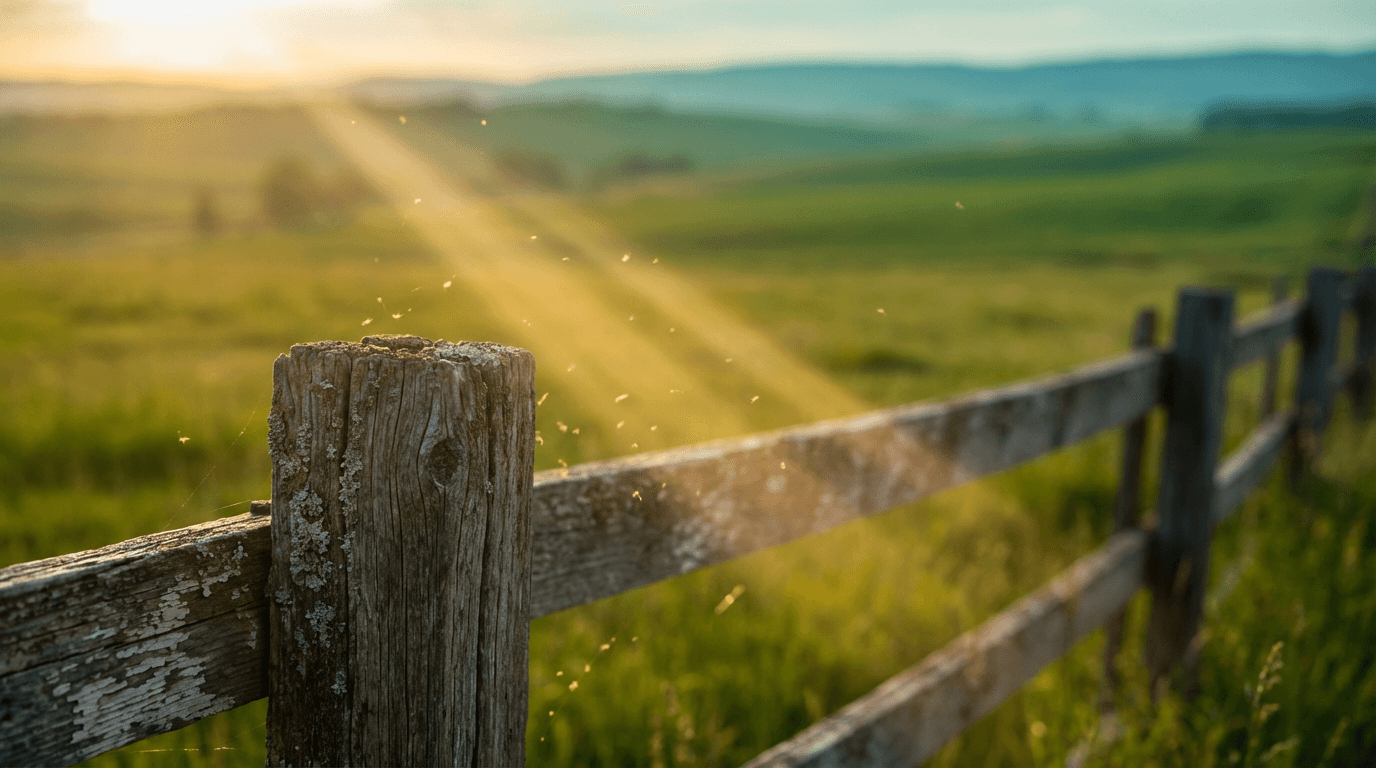 Newly installed 4-board ranch fence in Tennessee pasture with horse in distance during golden hour