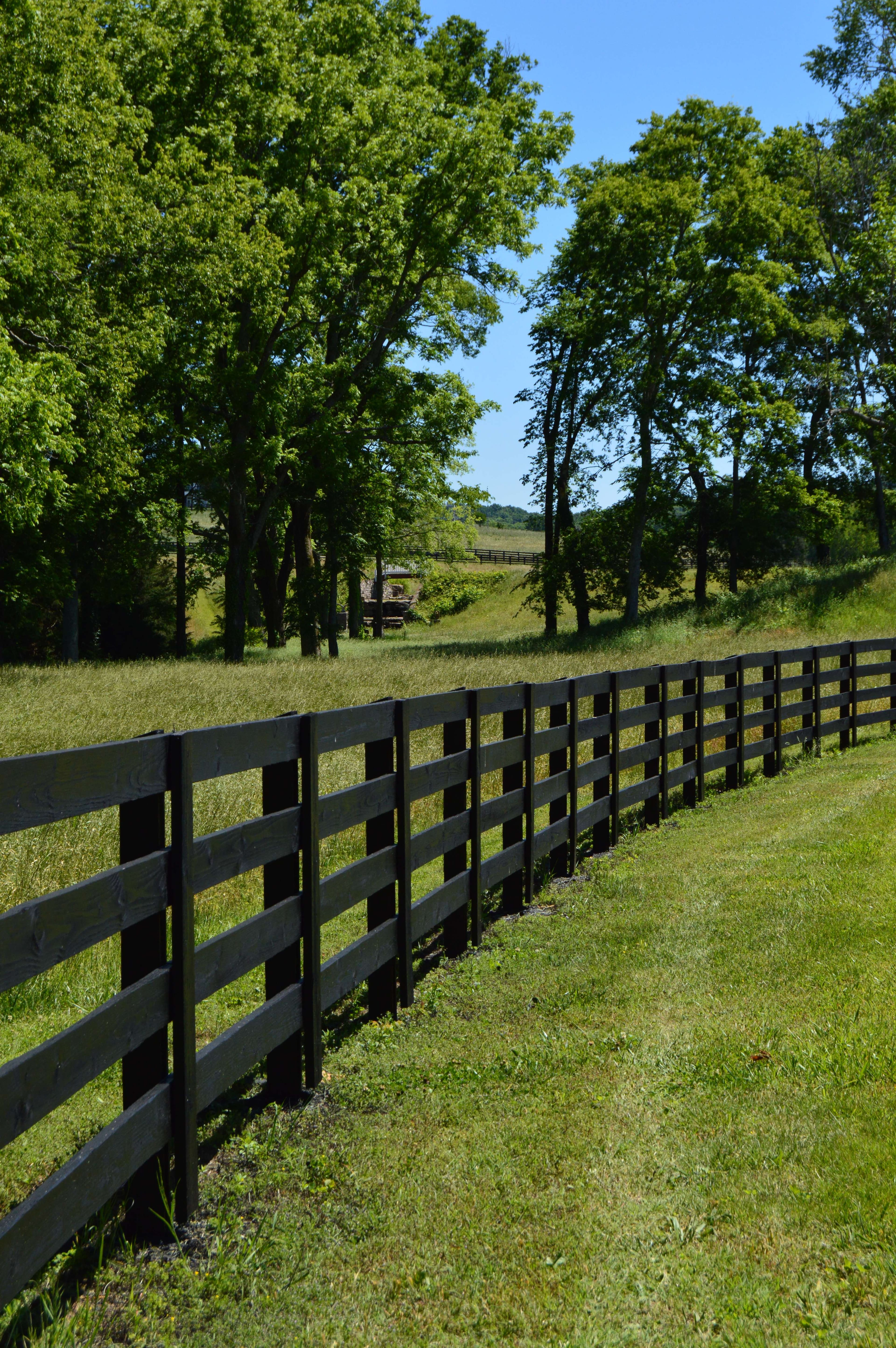 Long black wooden fence curves through a green field with lush trees and blue sky.